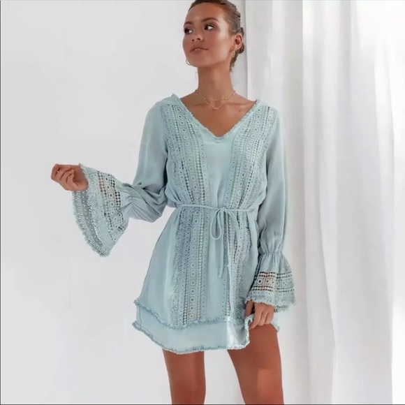 Pink Crochet Fringe Bell Sleeve Boho Gypsy Dress - Picture 11 of 11